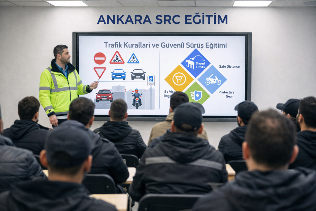 Ankara SRC Eğitim merkezinde uzman eğitmen tarafından kurye adaylarına verilen trafik kuralları ve güvenli sürüş eğitimi