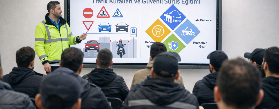 Ankara SRC Eğitim merkezinde uzman eğitmen tarafından kurye adaylarına verilen trafik kuralları ve güvenli sürüş eğitimi