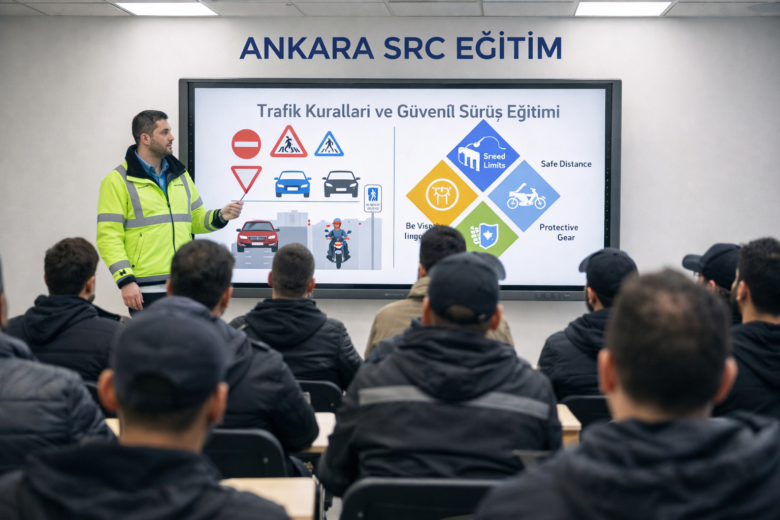 Ankara SRC Eğitim merkezinde uzman eğitmen tarafından kurye adaylarına verilen trafik kuralları ve güvenli sürüş eğitimi
