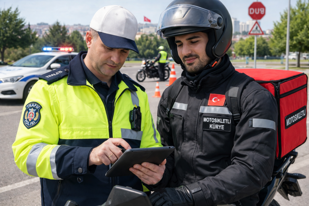 Trafik polisinin Ankara'da motosikletli kuryenin e-Devlet onaylı SRC belgesini tablet üzerinden kontrol etmesi