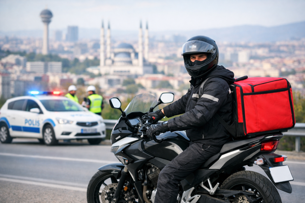 Ankara manzarası ve rutin polis denetimi önünde, eksiksiz evrakla çalışan profesyonel motosiklet kuryesi